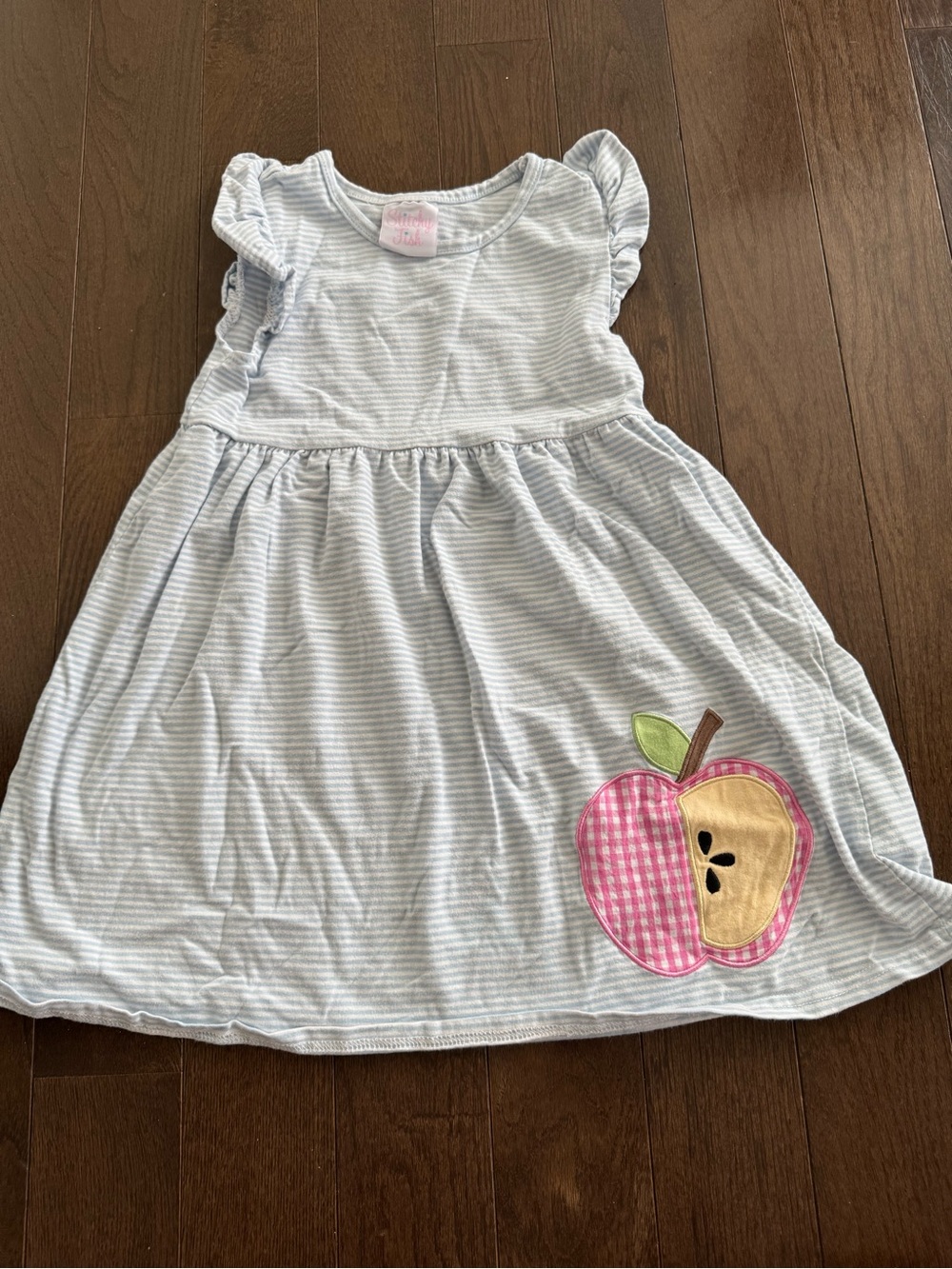Striped Blue Kids Dress with Pink Apple Applique